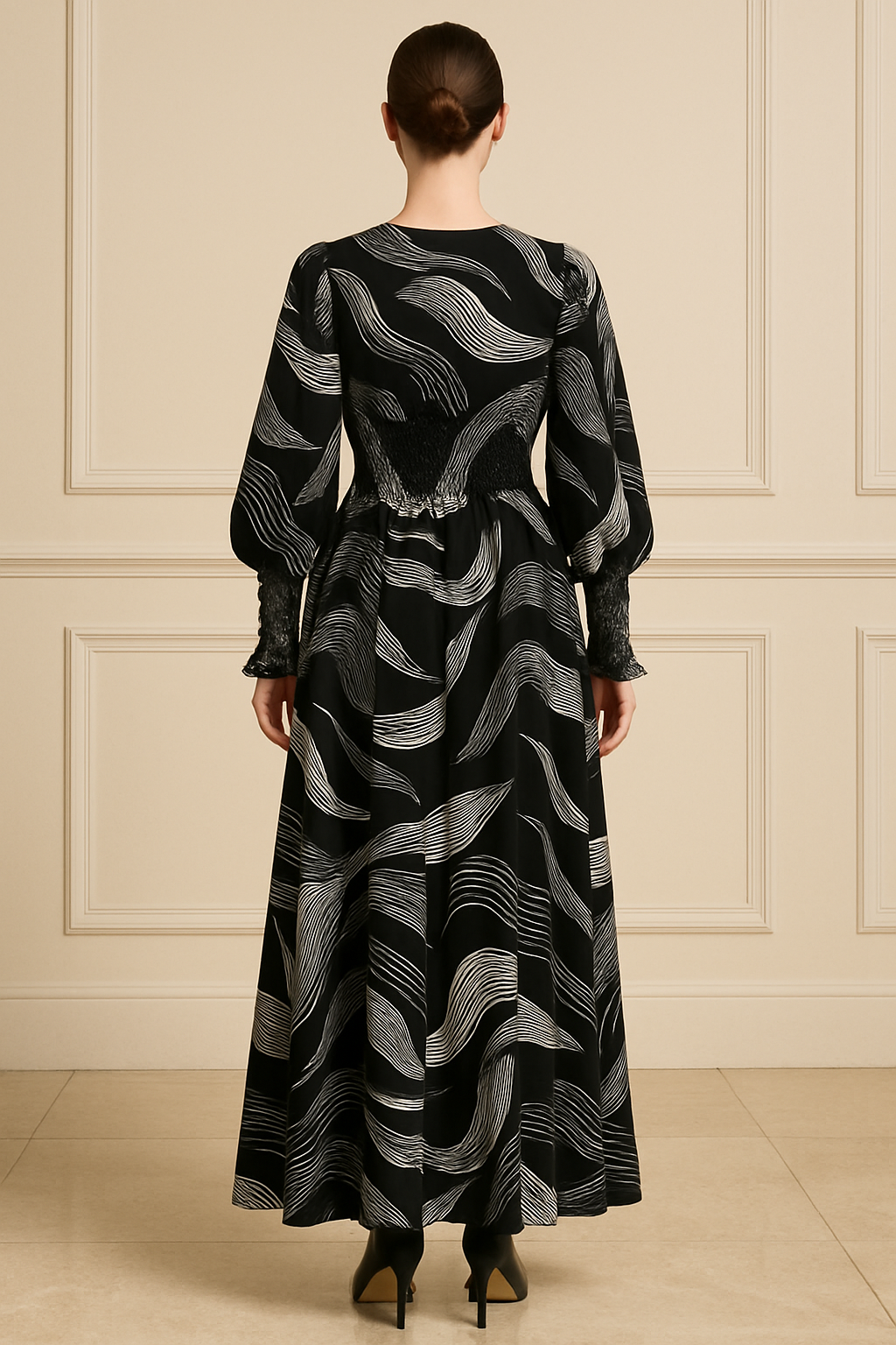 Monochrome Wave Smocked Maxi Dress