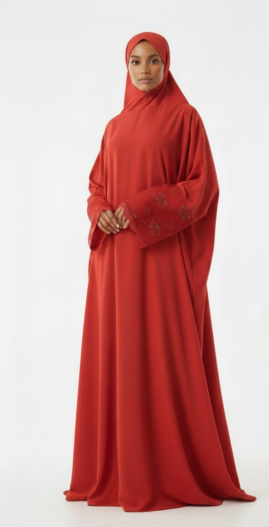 One piece Full Length Lace Jilbab —Red