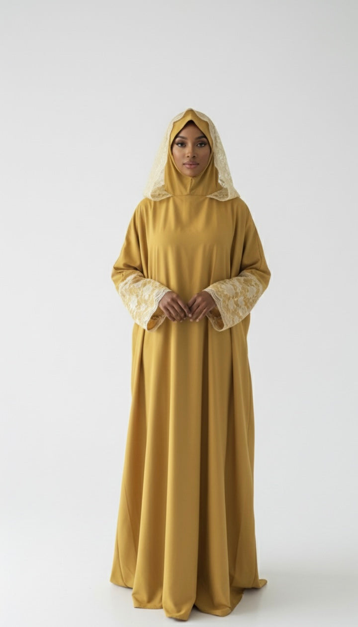 One-Piece Full Length Lace Jilbab — mustard