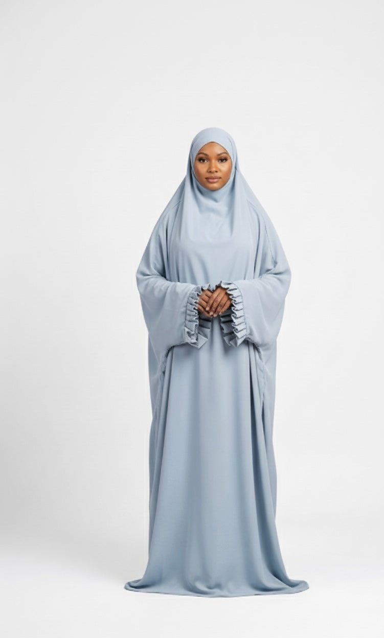 One-Piece Ruffle-Cuff Jilbab — Dusty Blue