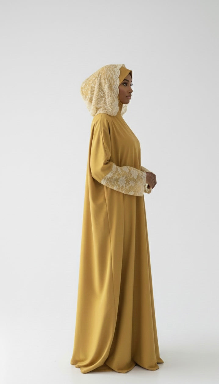 One-Piece Full Length Lace Jilbab — mustard