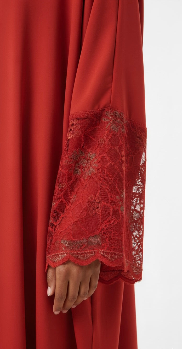 One piece Full Length Lace Jilbab —Red