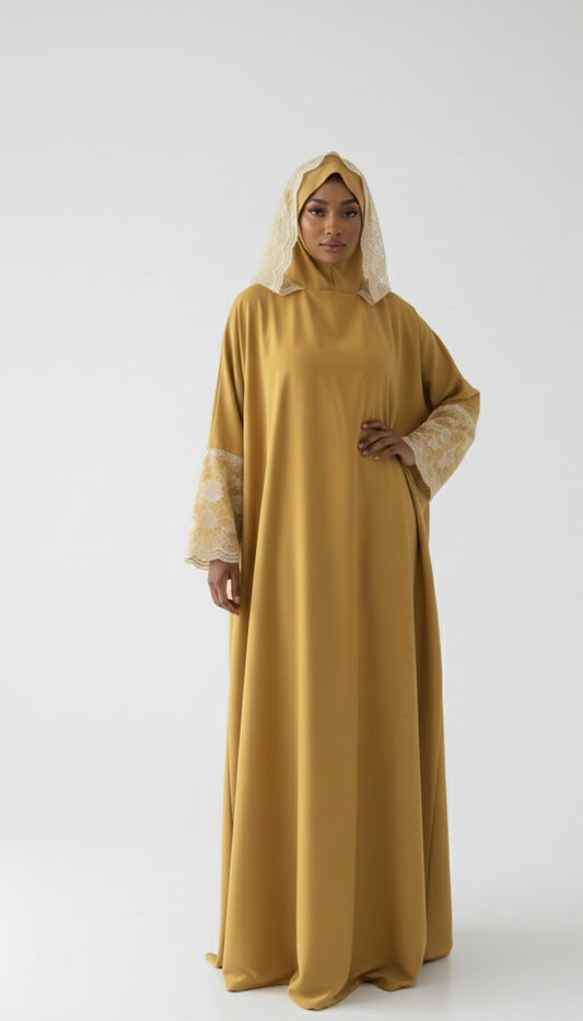 One-Piece Full Length Lace Jilbab — mustard