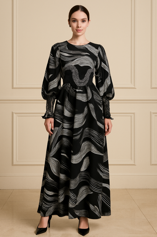 Monochrome Wave Smocked Maxi Dress