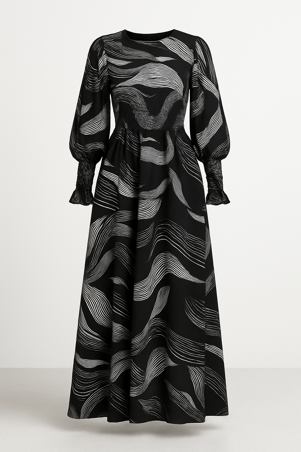 Monochrome Wave Smocked Maxi Dress