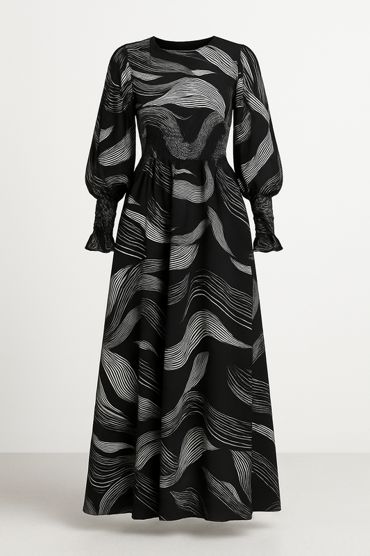 Monochrome Wave Smocked Maxi Dress